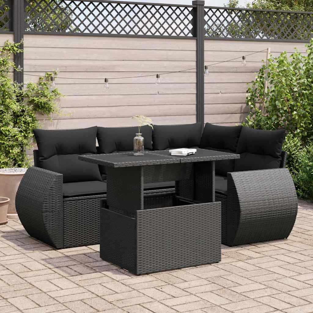 5-delige Loungeset met kussens poly rattan zwart – afbeelding 1