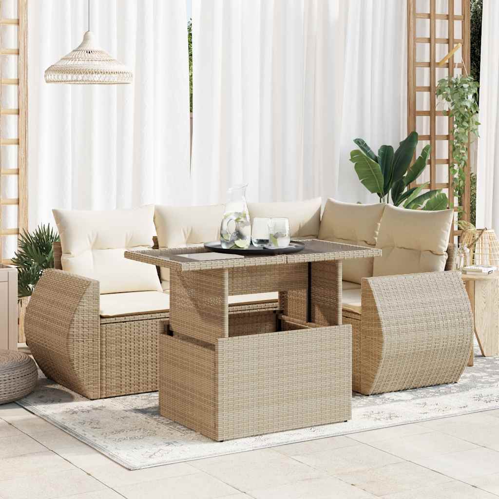 5-delige Loungeset met kussens poly rattan beige – afbeelding 1