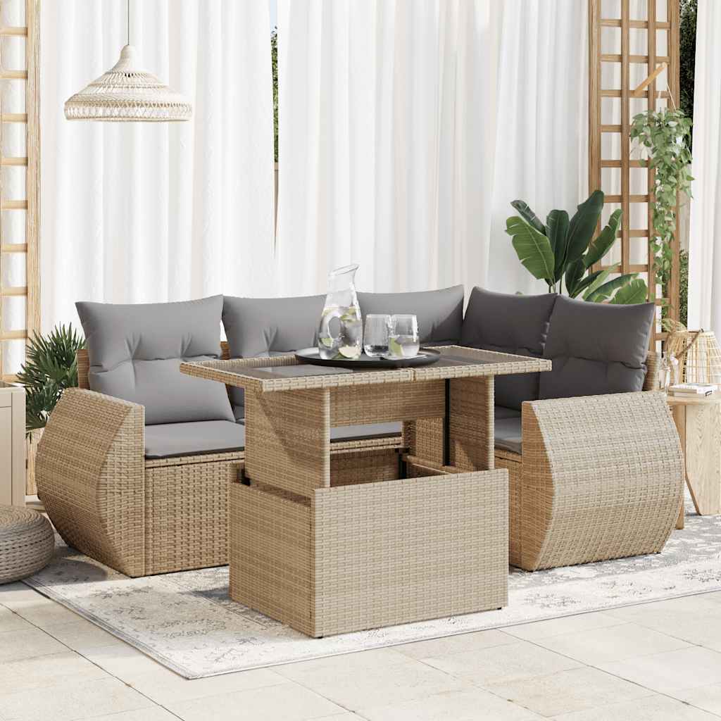 5-delige Loungeset met kussens poly rattan beige – afbeelding 1