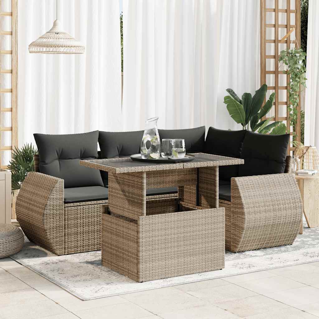 5-delige Loungeset met kussens poly rattan grijs – afbeelding 1