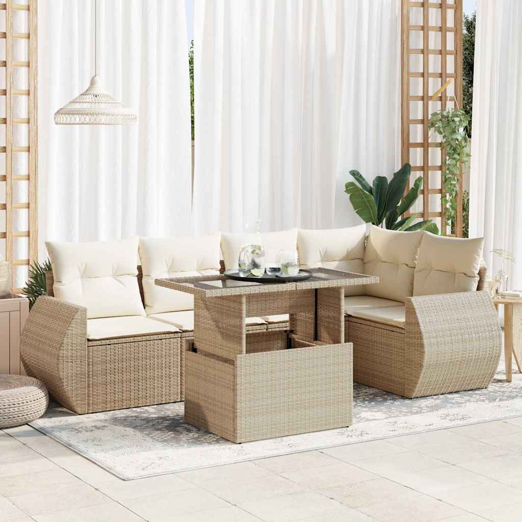 6-delige Loungeset met kussens poly rattan beige – afbeelding 1
