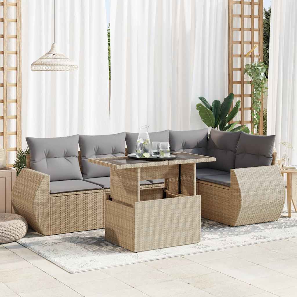 6-delige Loungeset met kussens poly rattan beige – afbeelding 1