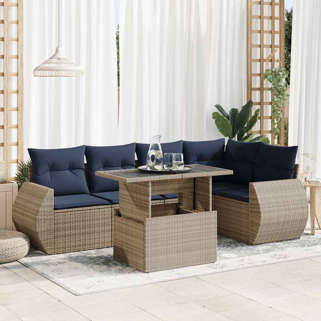 6-delige Loungeset met kussens poly rattan acacia grijs – afbeelding 1