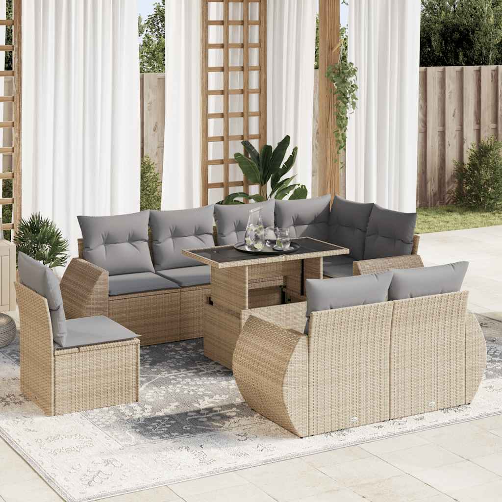9-delige Loungeset met kussens poly rattan beige – afbeelding 1