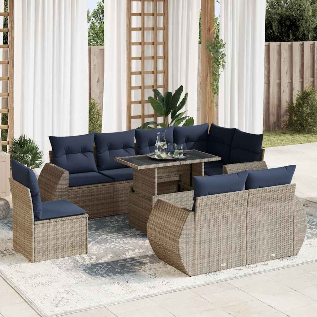 9-delige Loungeset met kussens poly rattan acacia grijs – afbeelding 1