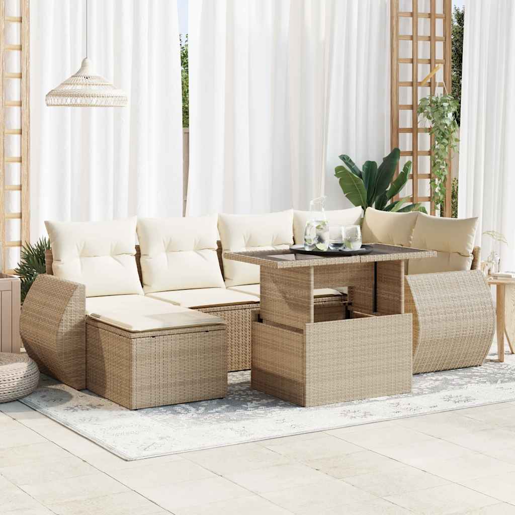 7-delige Loungeset met kussens poly rattan beige – afbeelding 1