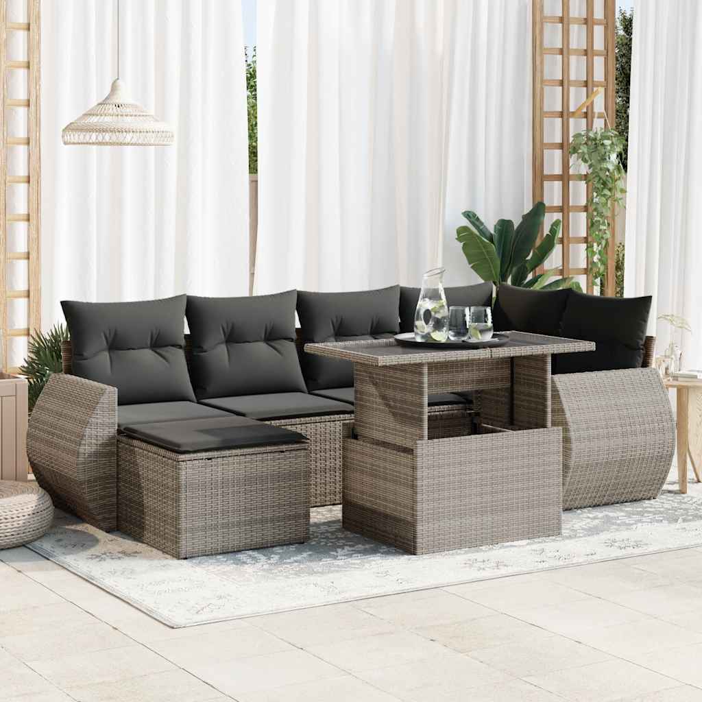 7-delige Loungeset met kussens poly rattan grijs – afbeelding 1