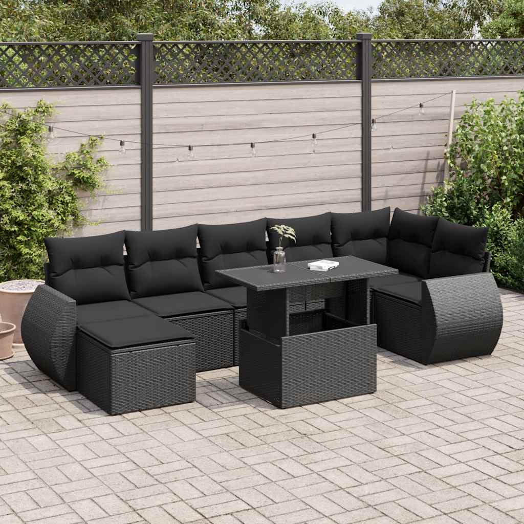 8-delige Loungeset met kussens poly rattan zwart – afbeelding 1