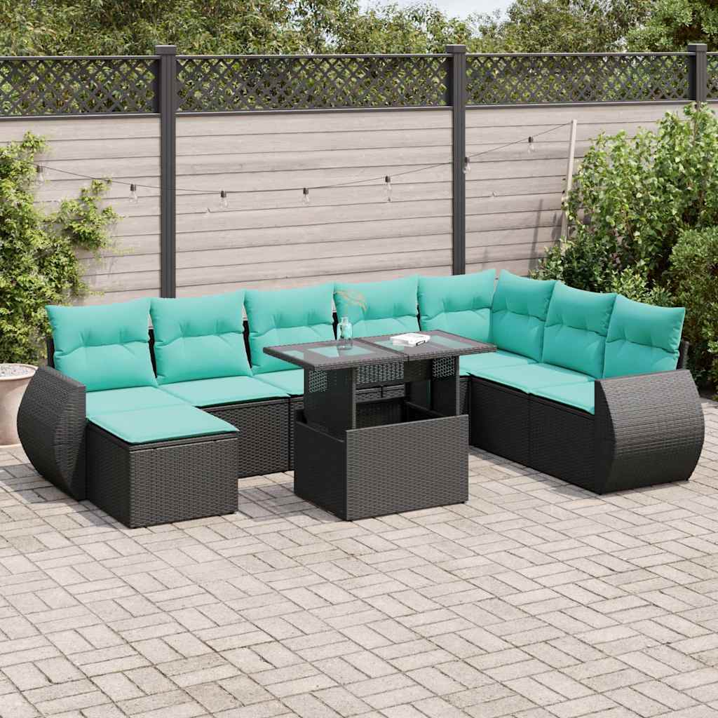 9-delige Loungeset met kussens poly rattan acacia zwart – afbeelding 1