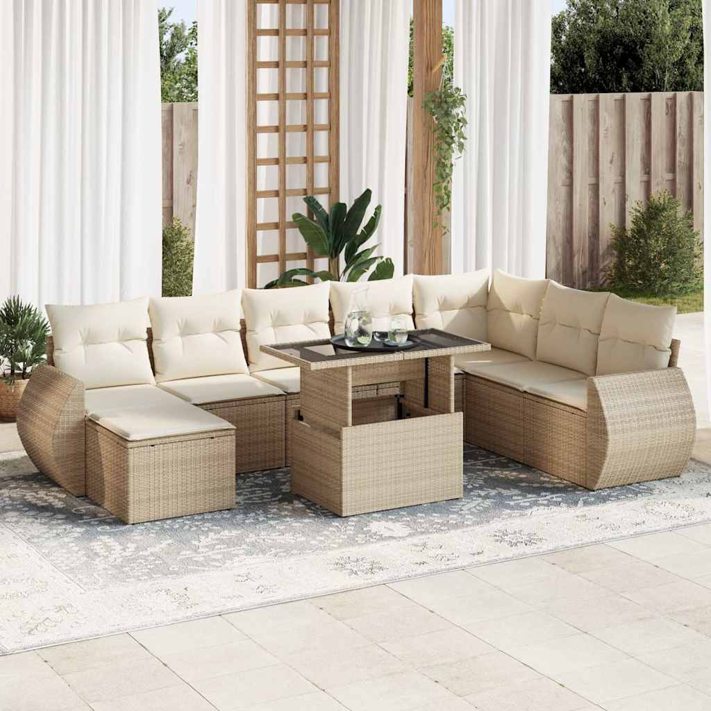 9-delige Loungeset met kussens poly rattan beige – afbeelding 1