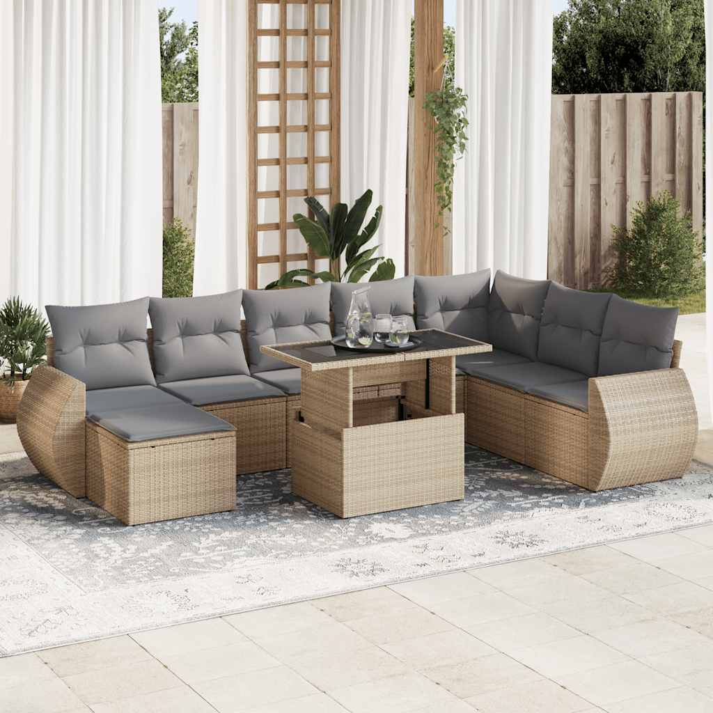 9-delige Loungeset met kussens poly rattan beige – afbeelding 1