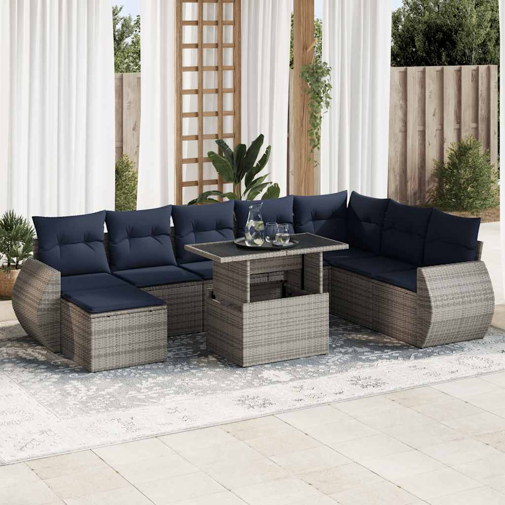 9-delige Loungeset met kussens poly rattan acacia grijs – afbeelding 1