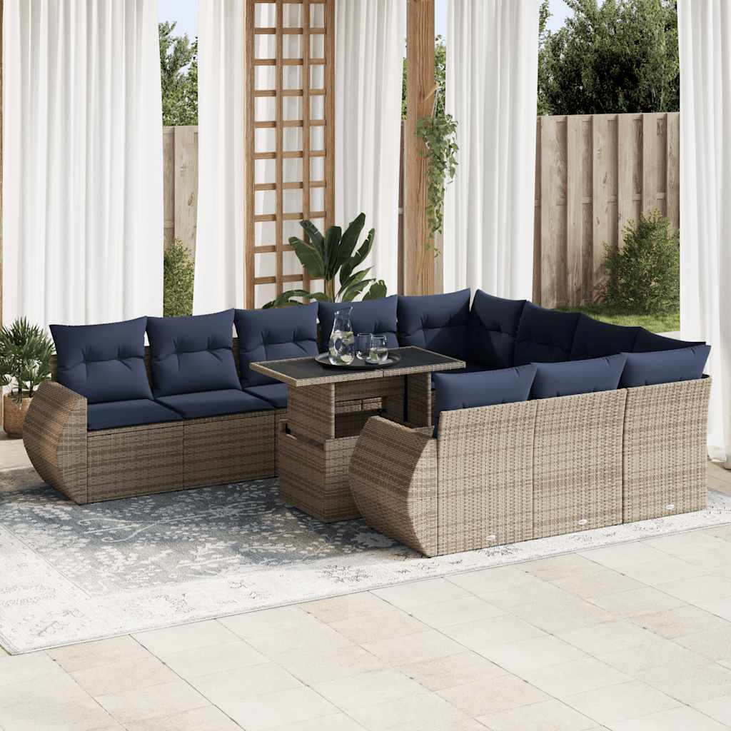 11-delige Loungeset met kussens poly rattan acacia grijs – afbeelding 1