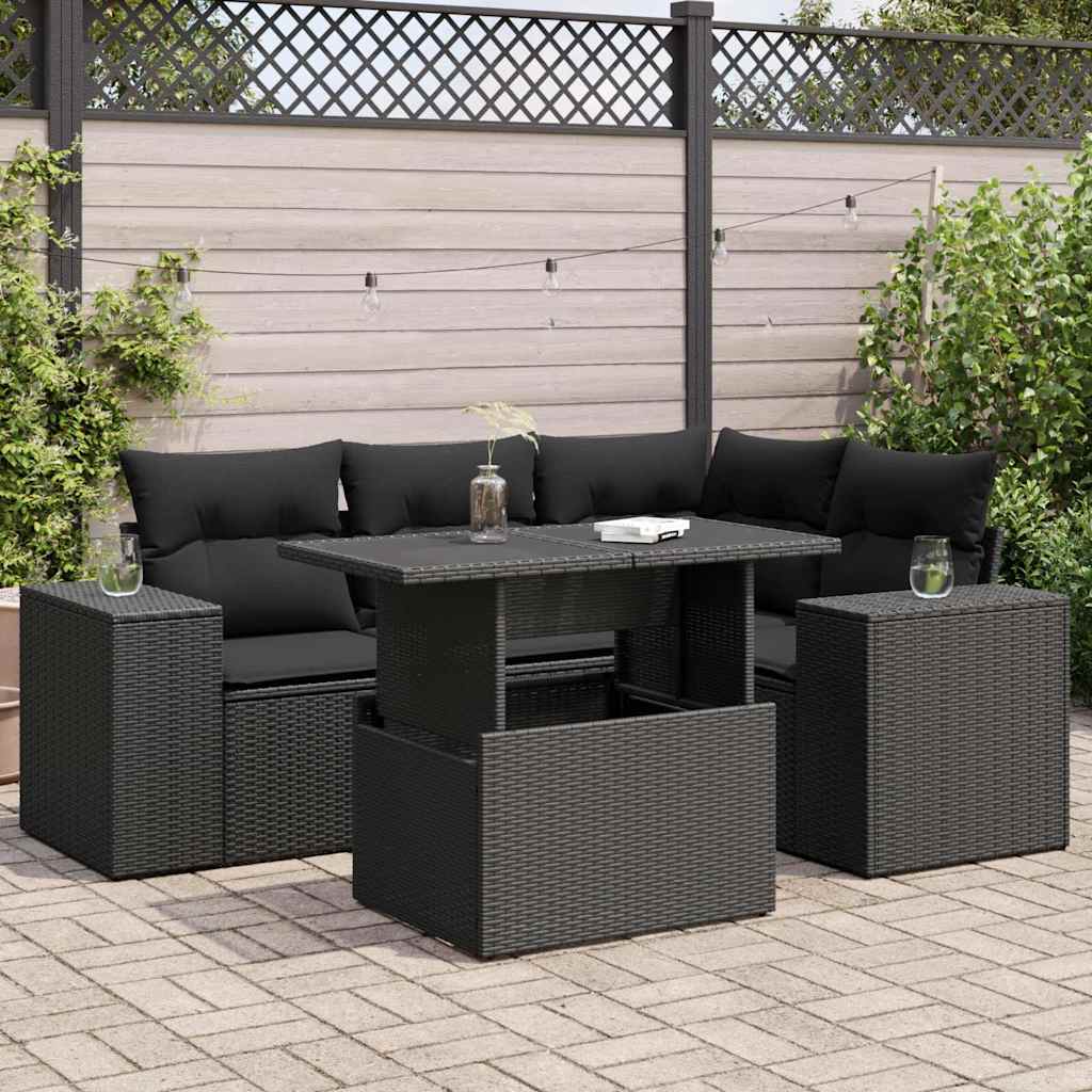 5-delige Loungeset met kussens poly rattan zwart – afbeelding 1
