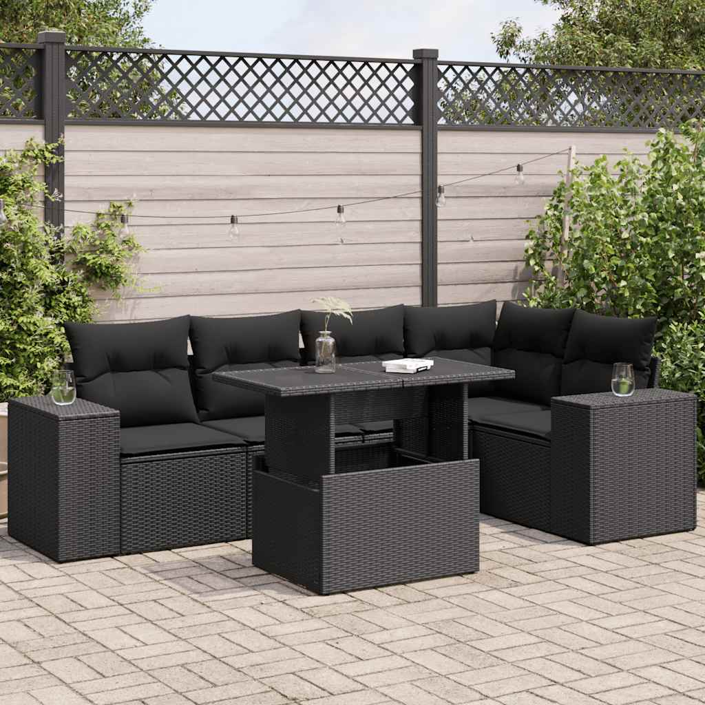 6-delige Loungeset met kussens poly rattan zwart – afbeelding 1