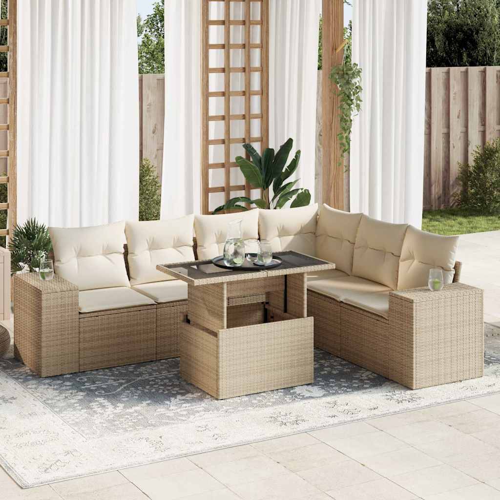 7-delige Loungeset met kussens poly rattan beige – afbeelding 1