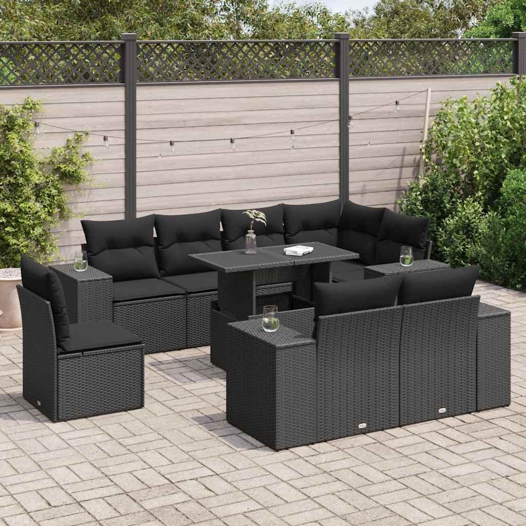 9-delige Loungeset met kussens poly rattan zwart – afbeelding 1