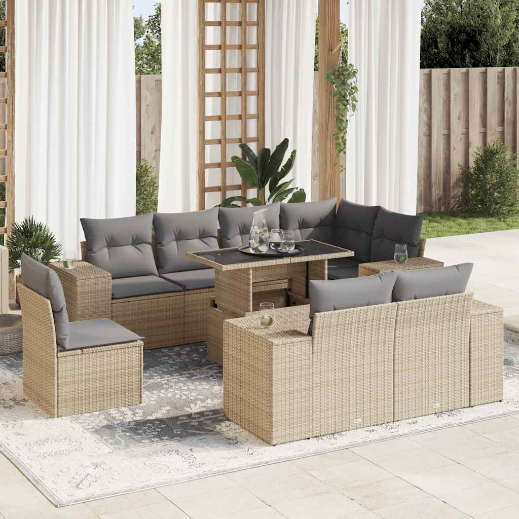 9-delige Loungeset met kussens poly rattan beige – afbeelding 1