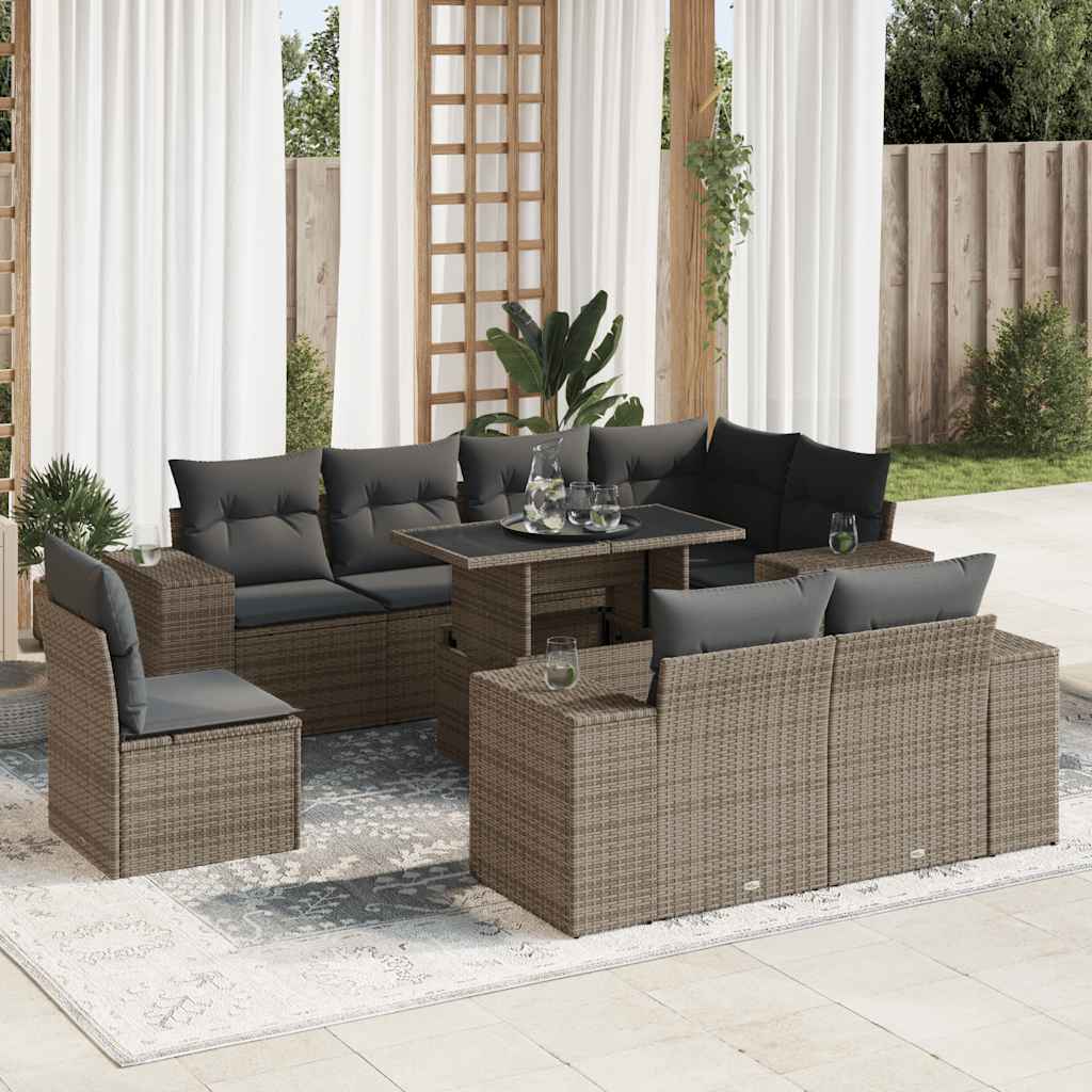 9-delige Loungeset met kussens poly rattan grijs – afbeelding 1