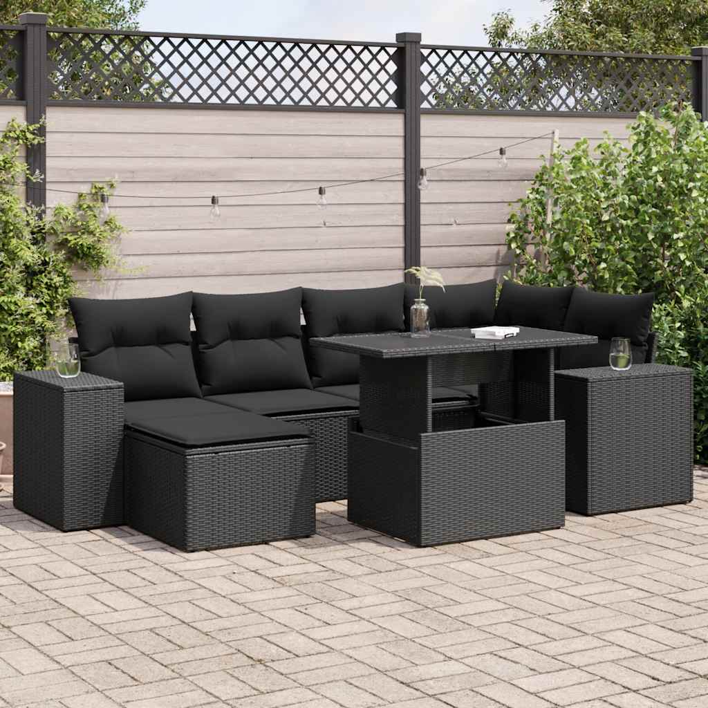 7-delige Loungeset met kussens poly rattan zwart – afbeelding 1