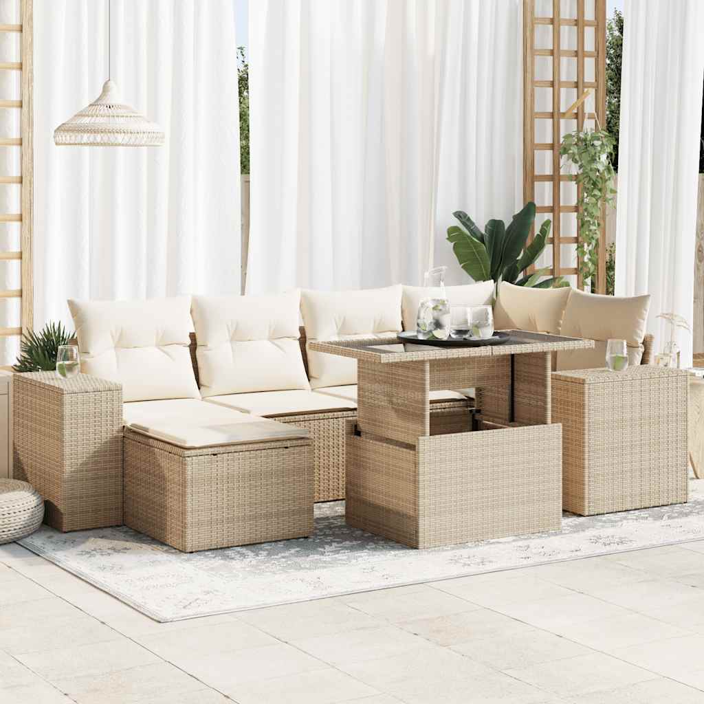 7-delige Loungeset met kussens poly rattan beige – afbeelding 1
