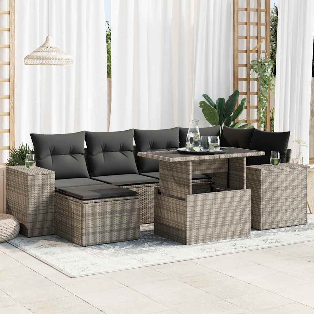 7-delige Loungeset met kussens poly rattan grijs – afbeelding 1