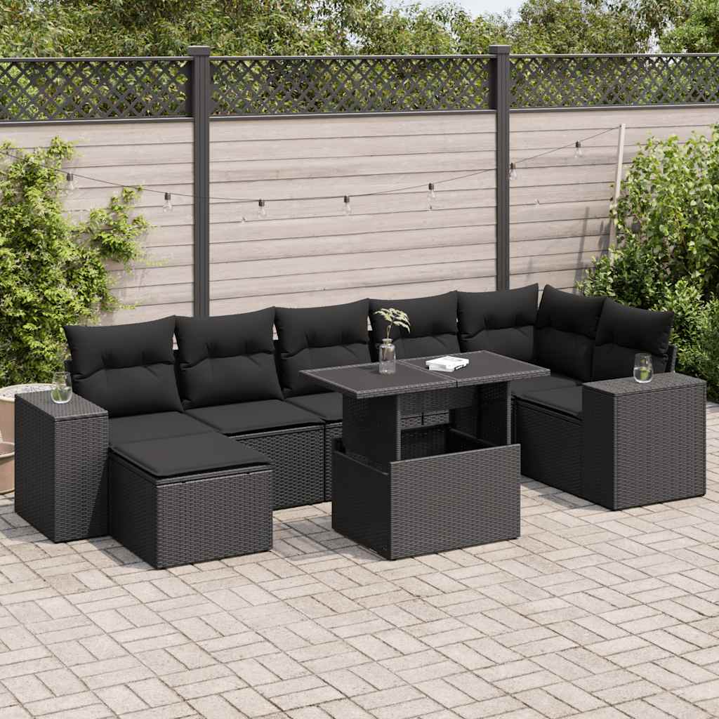 8-delige Loungeset met kussens poly rattan zwart – afbeelding 1