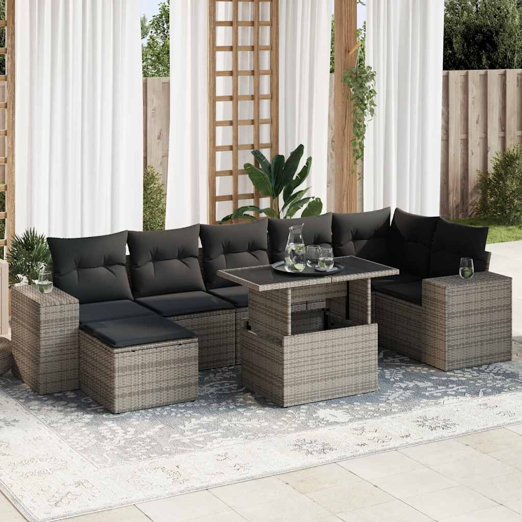 8-delige Loungeset met kussens poly rattan grijs – afbeelding 1
