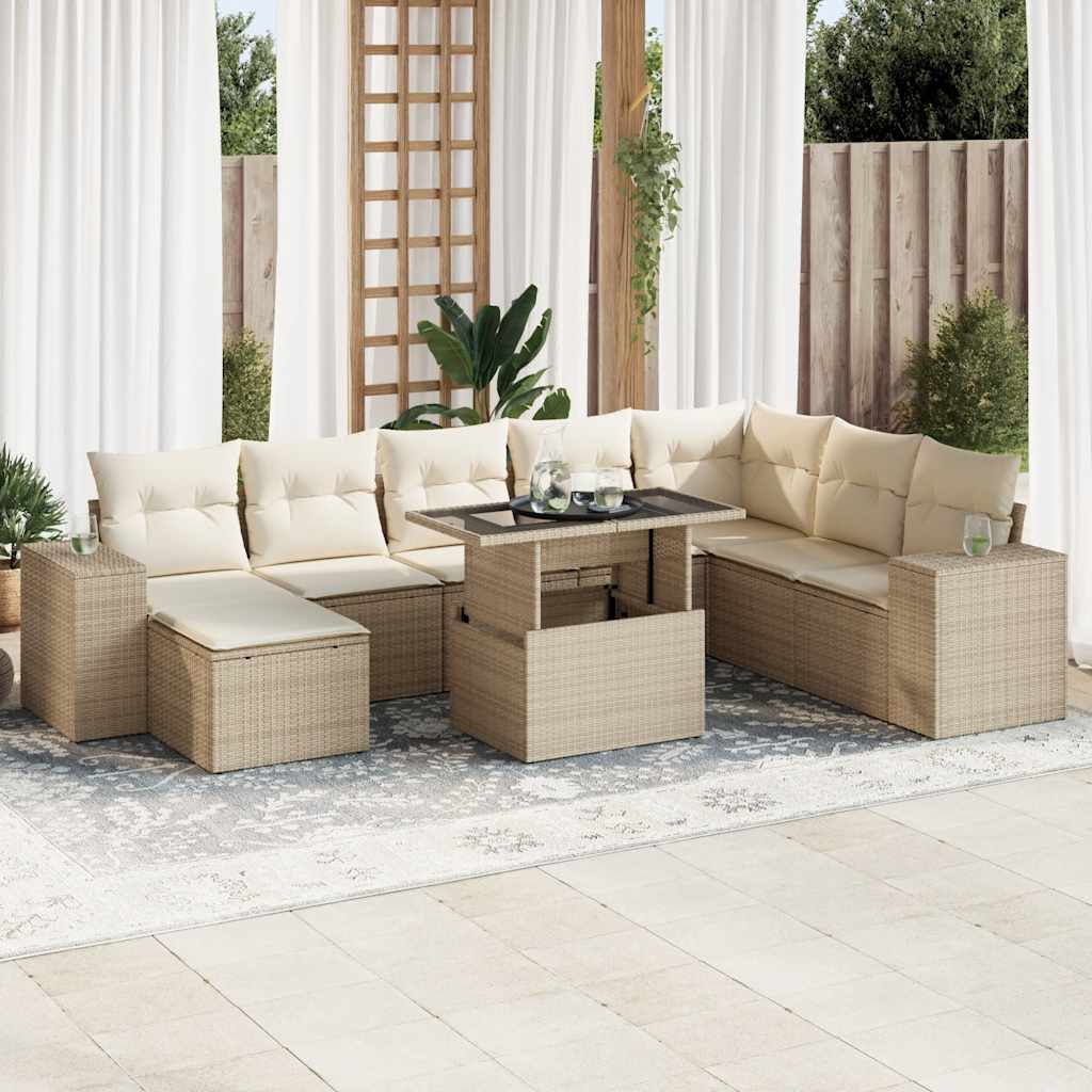 9-delige Loungeset met kussens poly rattan beige – afbeelding 1