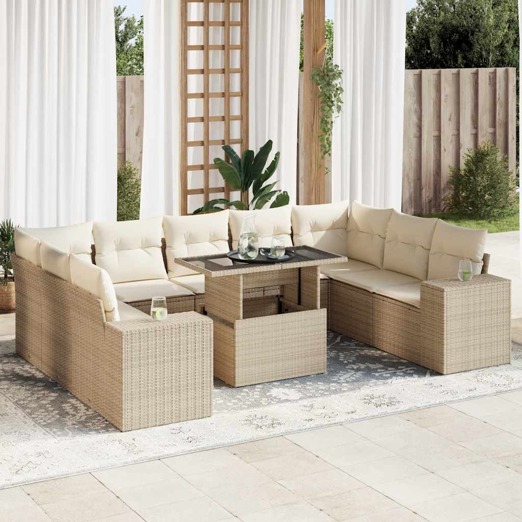 10-delige Loungeset met kussens poly rattan beige – afbeelding 1