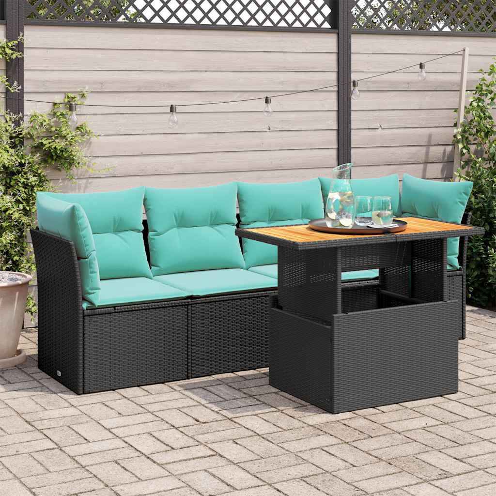5-delige Loungeset met kussens poly rattan zwart – afbeelding 1