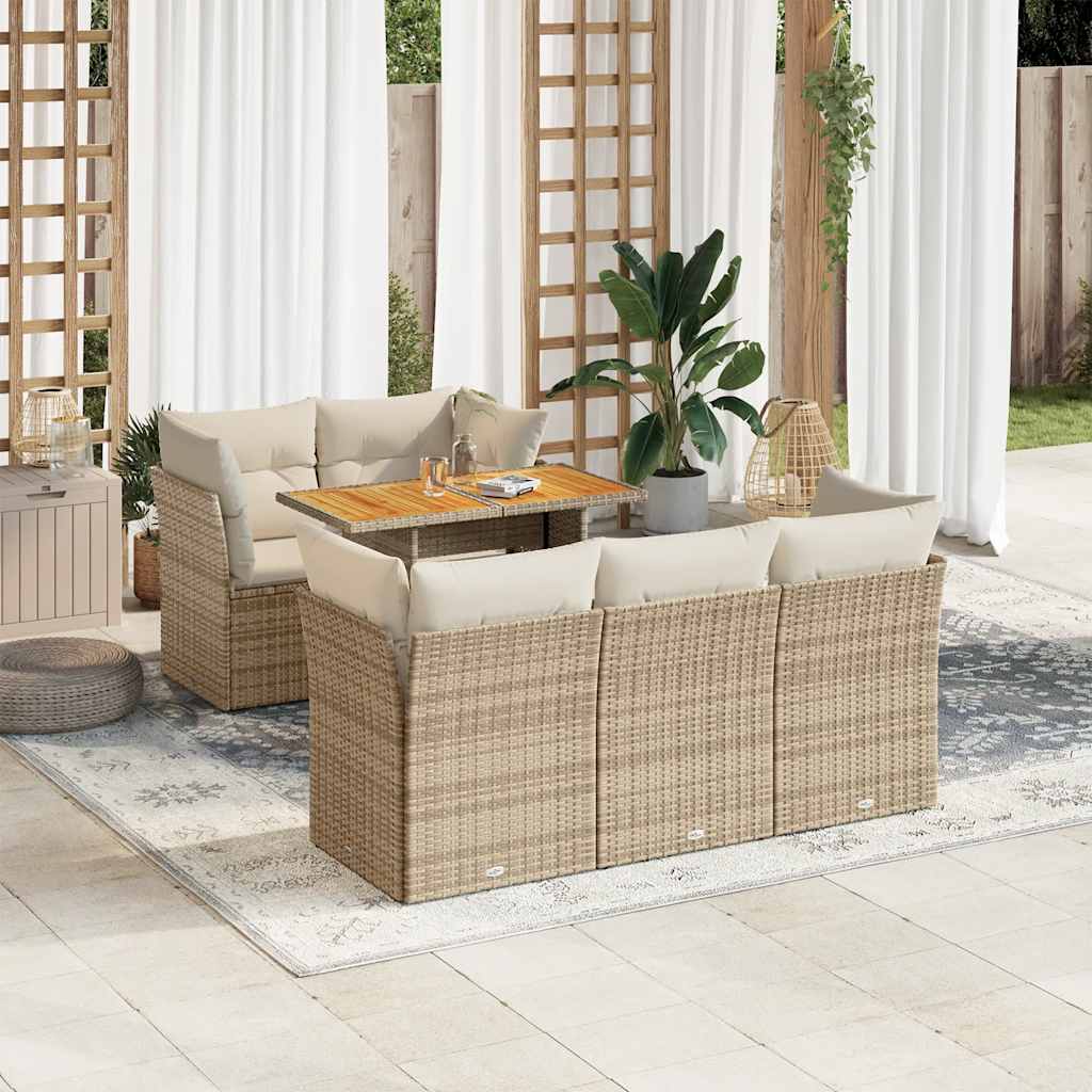 6-delige Loungeset met kussens poly rattan beige – afbeelding 1
