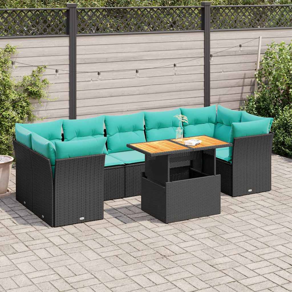 8-delige Loungeset met kussens poly rattan zwart – afbeelding 1