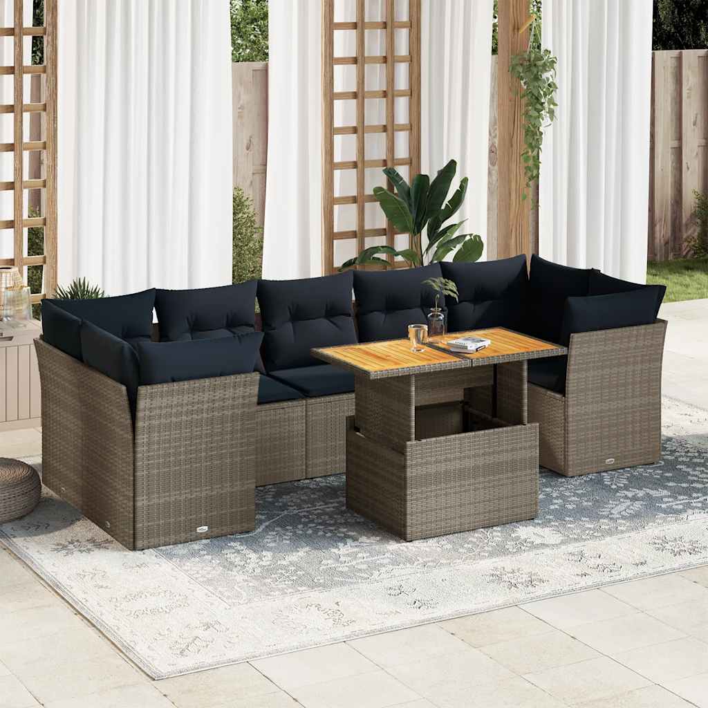 8-delige Loungeset met kussens poly rattan grijs – afbeelding 1