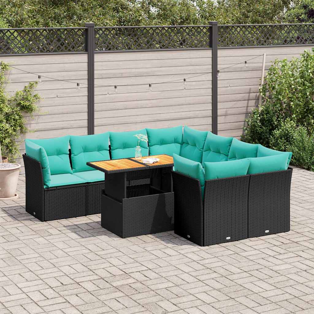 9-delige Loungeset met kussens poly rattan zwart – afbeelding 1