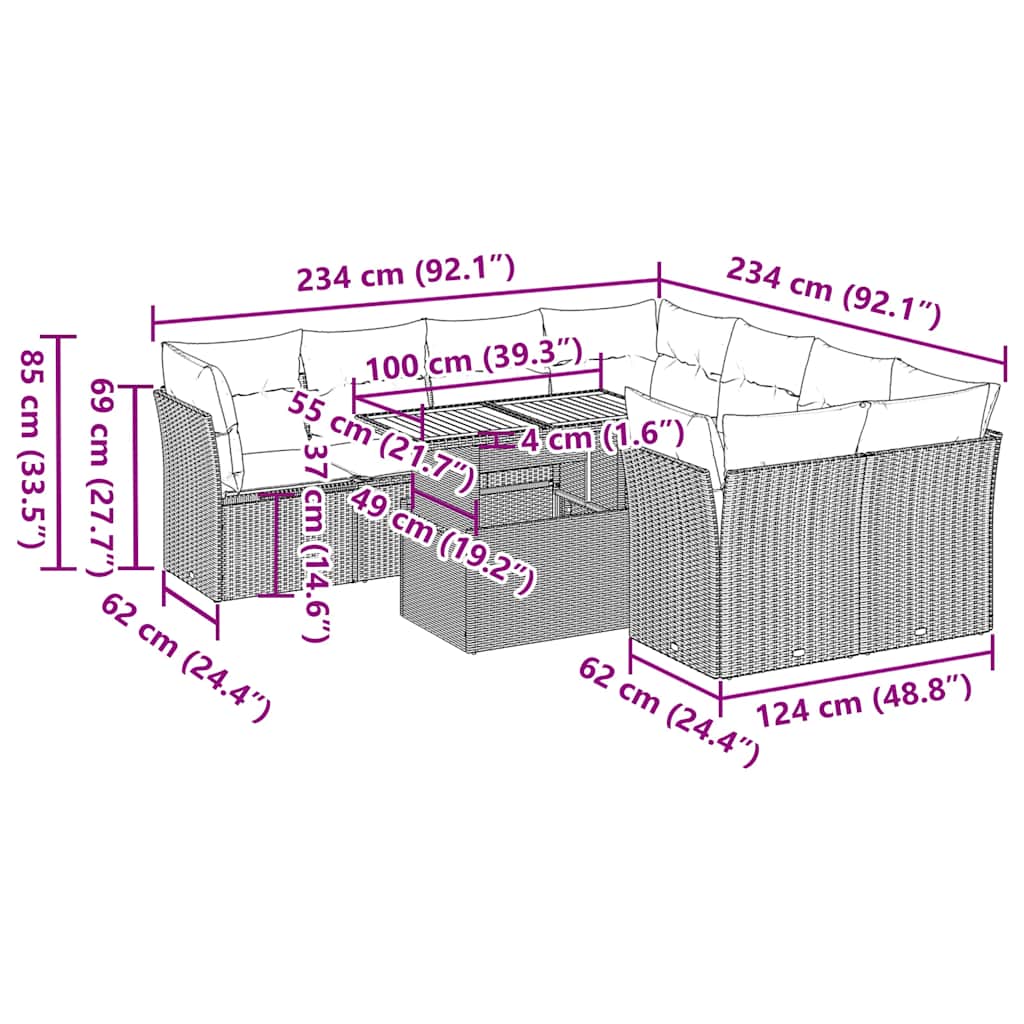 9-delige Loungeset met kussens poly rattan zwart – afbeelding 11