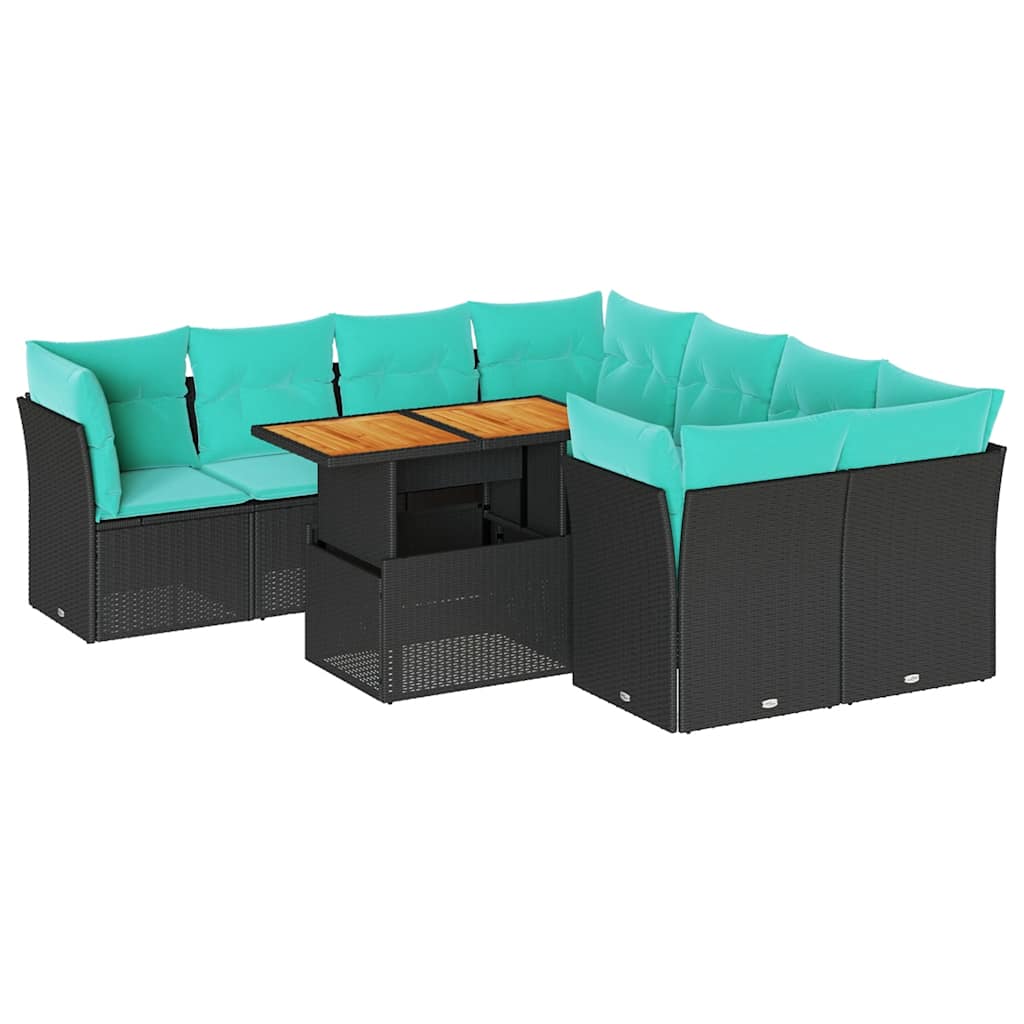 9-delige Loungeset met kussens poly rattan zwart – afbeelding 2