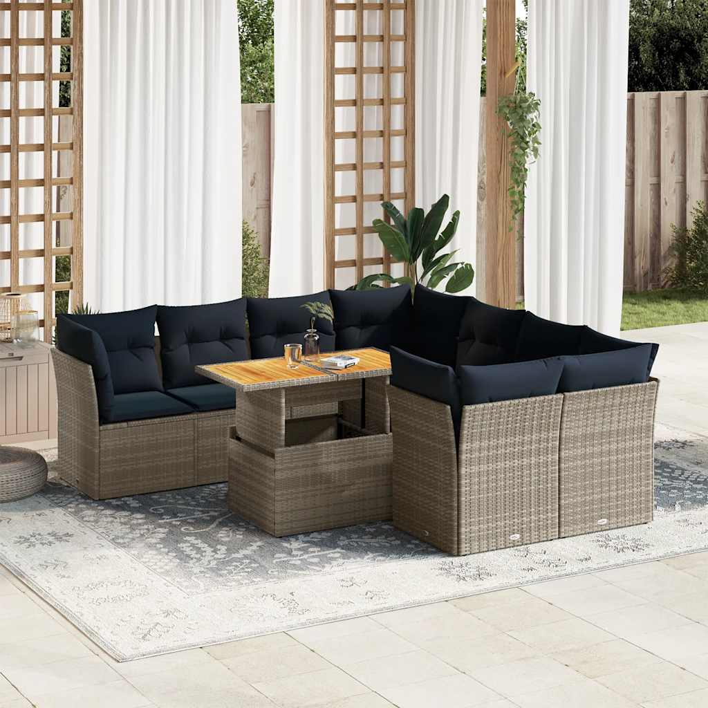 9-delige Loungeset met kussens poly rattan grijs – afbeelding 1