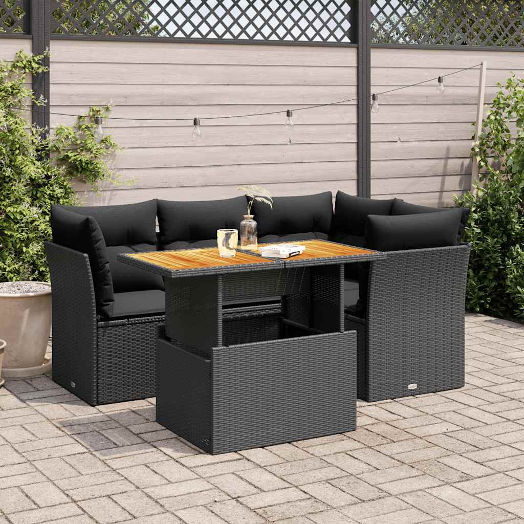 5-delige Loungeset met kussens poly rattan zwart – afbeelding 1