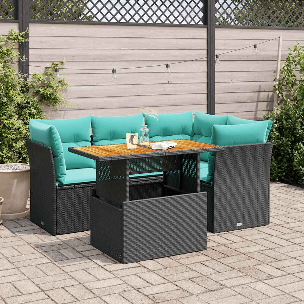 5-delige Loungeset met kussens poly rattan zwart – afbeelding 1
