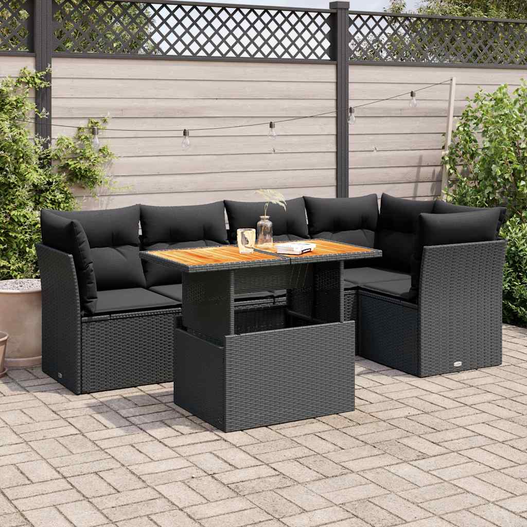 6-delige Loungeset met kussens poly rattan zwart