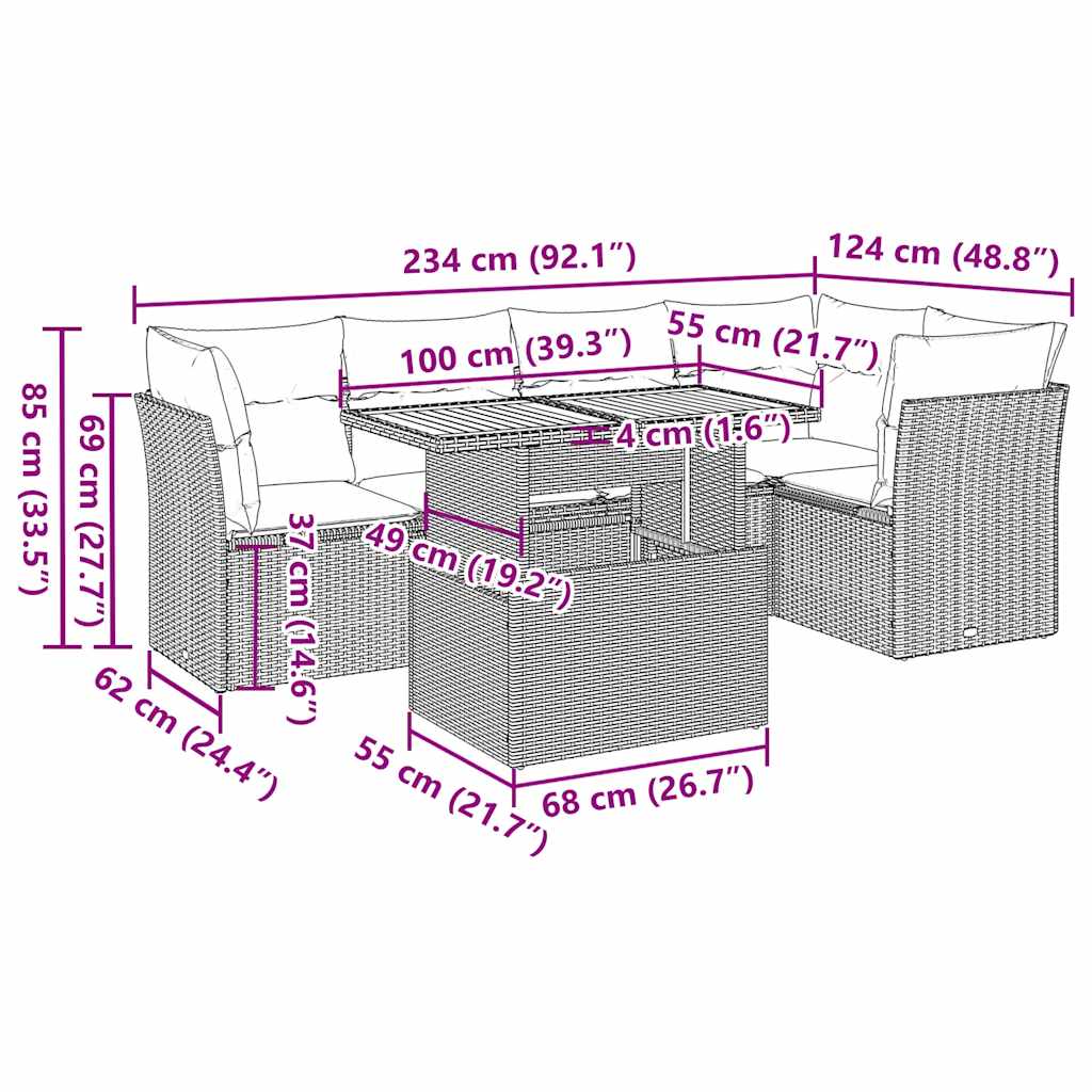 6-delige Loungeset met kussens poly rattan zwart – afbeelding 12
