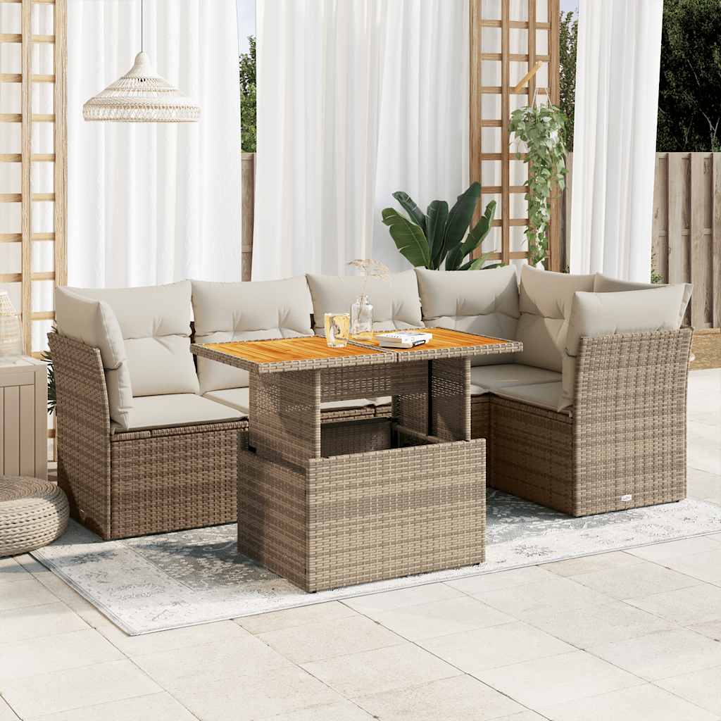 6-delige Loungeset met kussens poly rattan beige – afbeelding 1