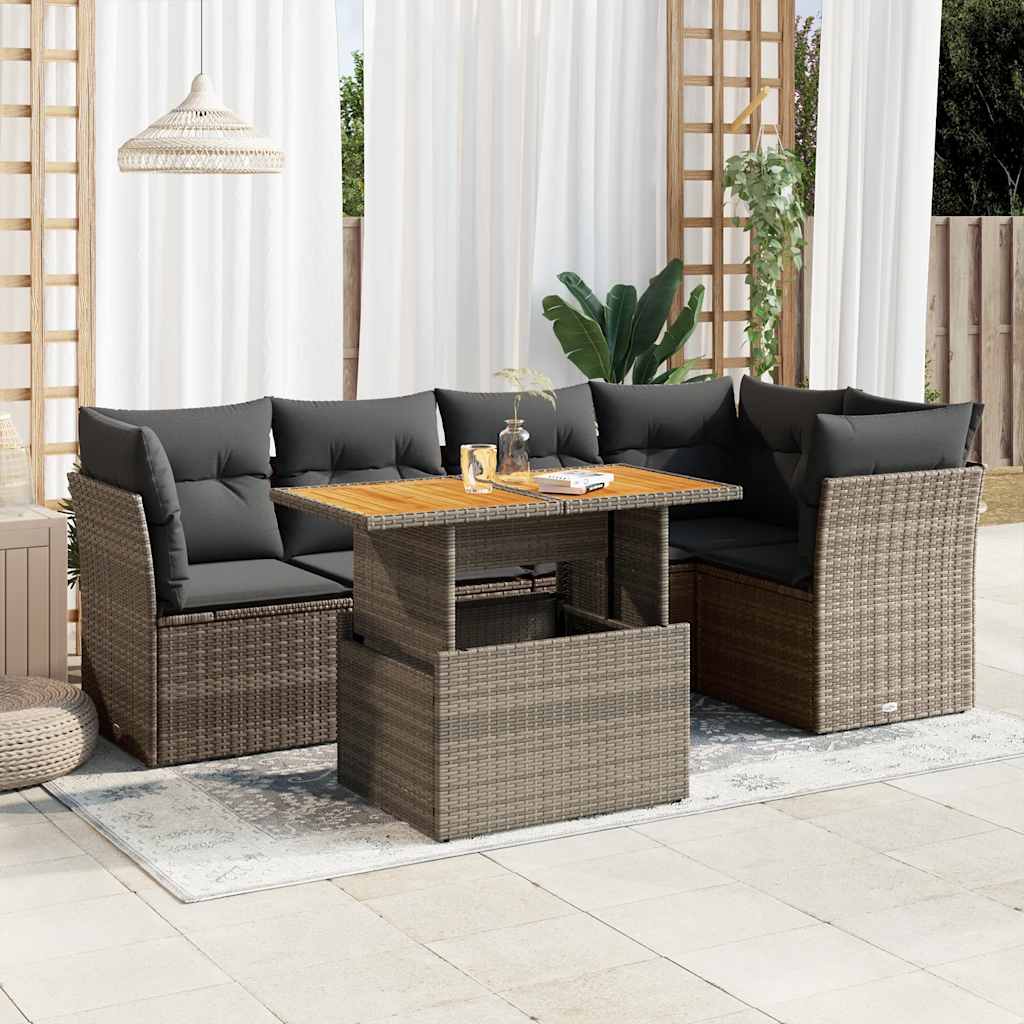 6-delige Loungeset met kussens poly rattan grijs – afbeelding 1