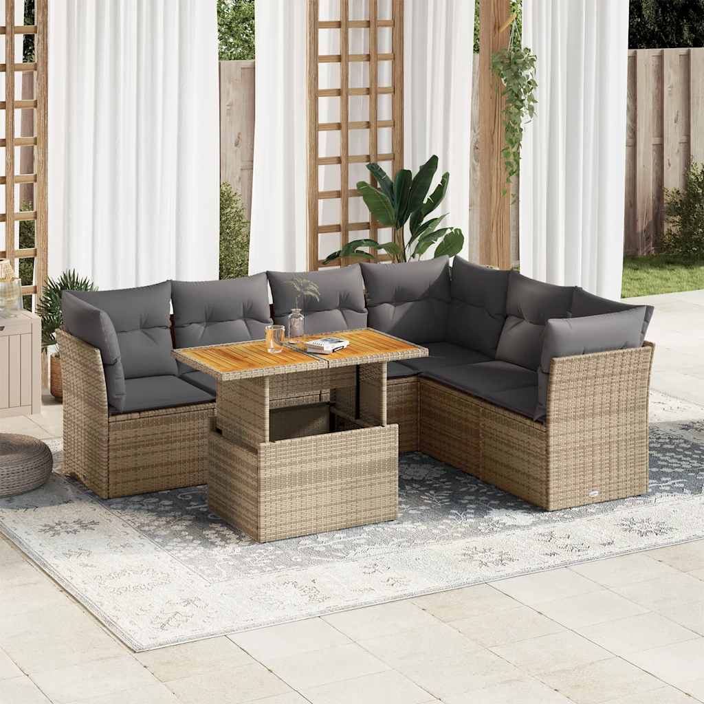 7-delige Loungeset met kussens poly rattan beige – afbeelding 1