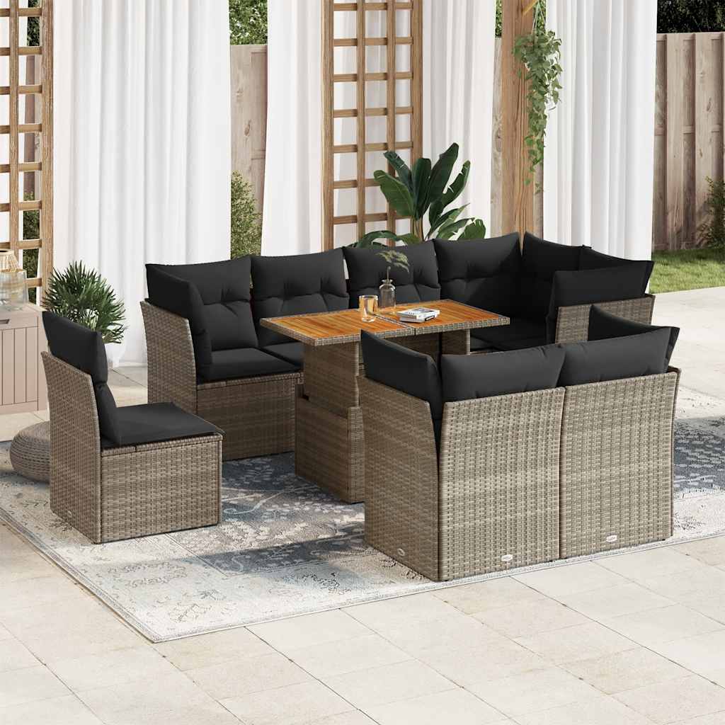 9-delige Loungeset met kussens poly rattan grijs – afbeelding 1