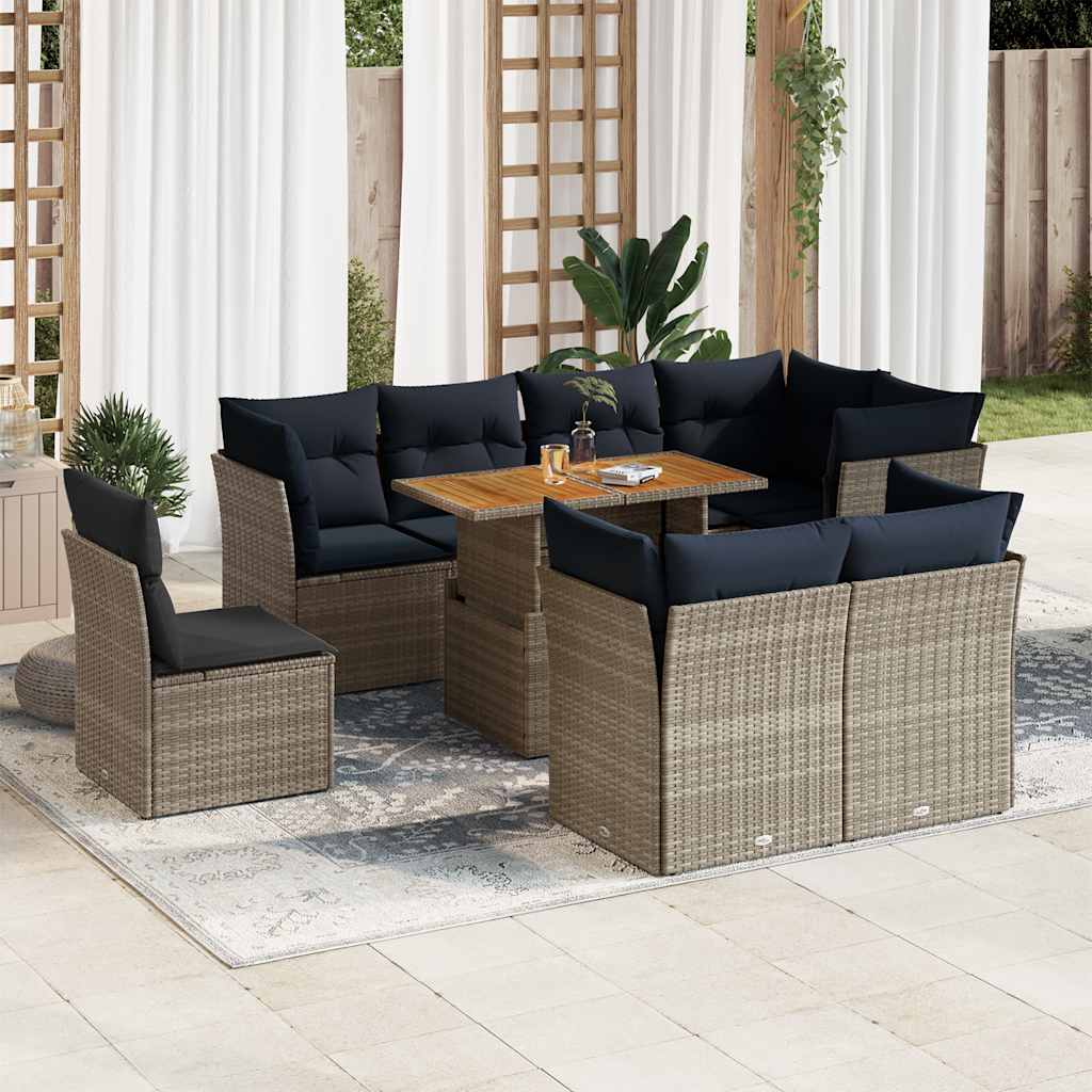 9-delige Loungeset met kussens poly rattan grijs – afbeelding 1