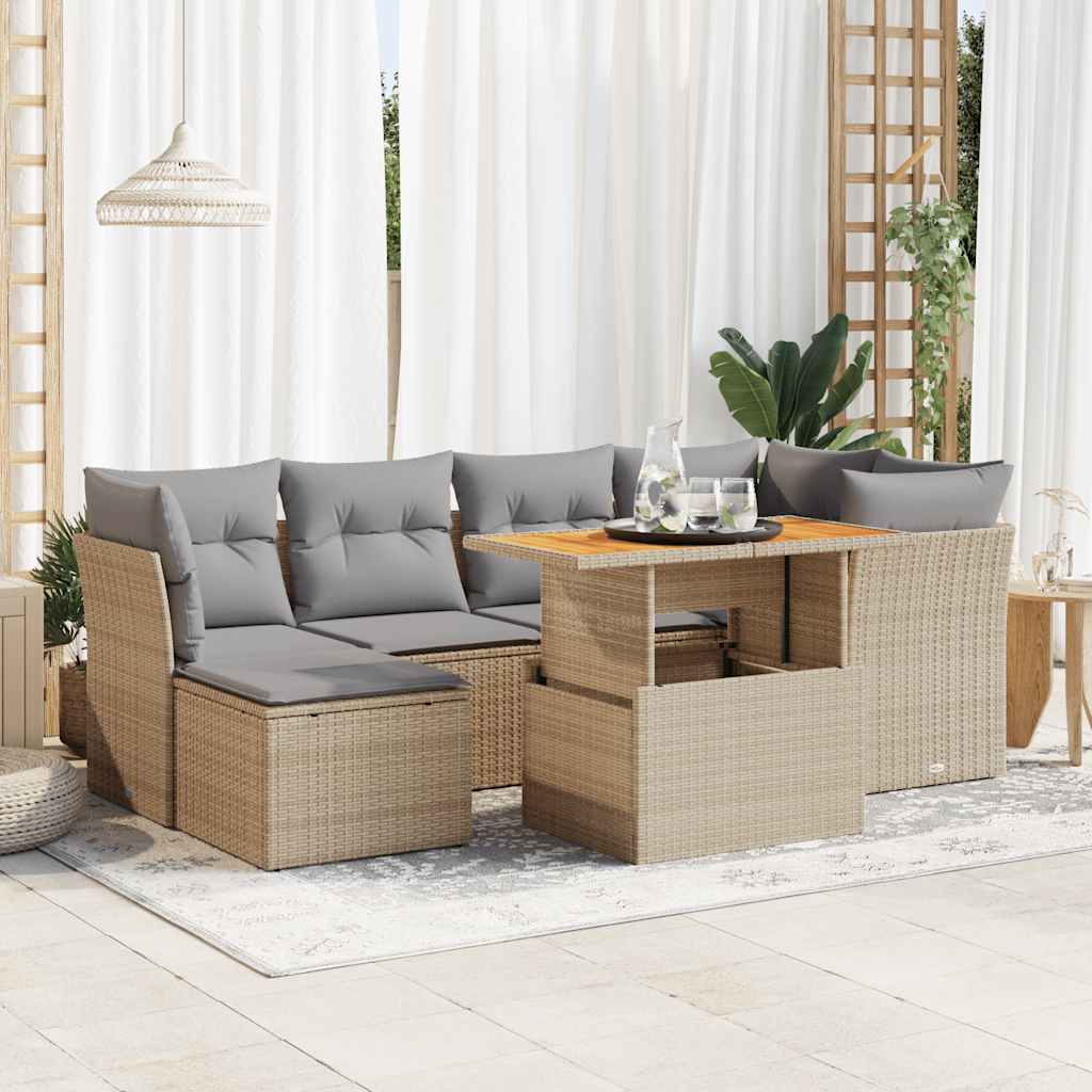 7-delige Loungeset met kussens poly rattan beige – afbeelding 1