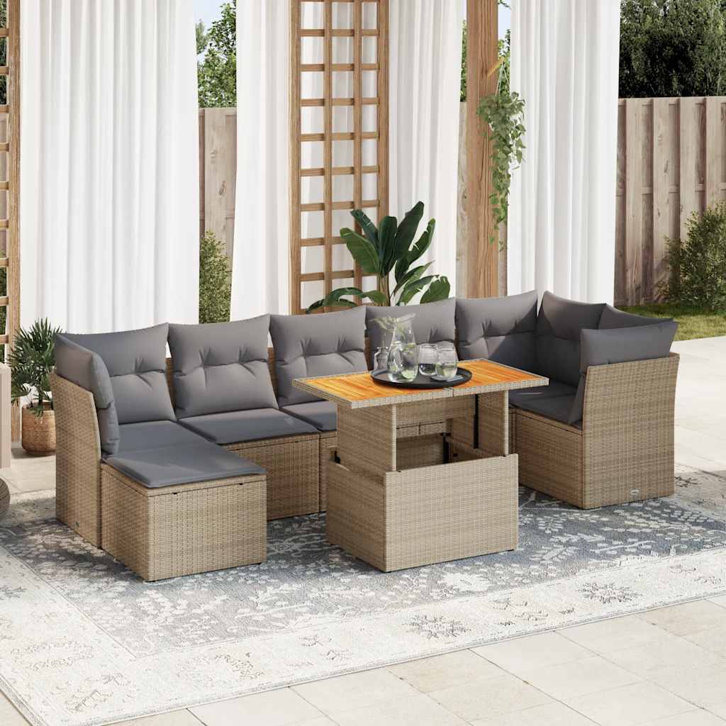 8-delige Loungeset met kussens poly rattan beige – afbeelding 1