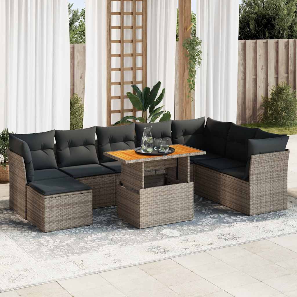 9-delige Loungeset met kussens poly rattan grijs – afbeelding 1